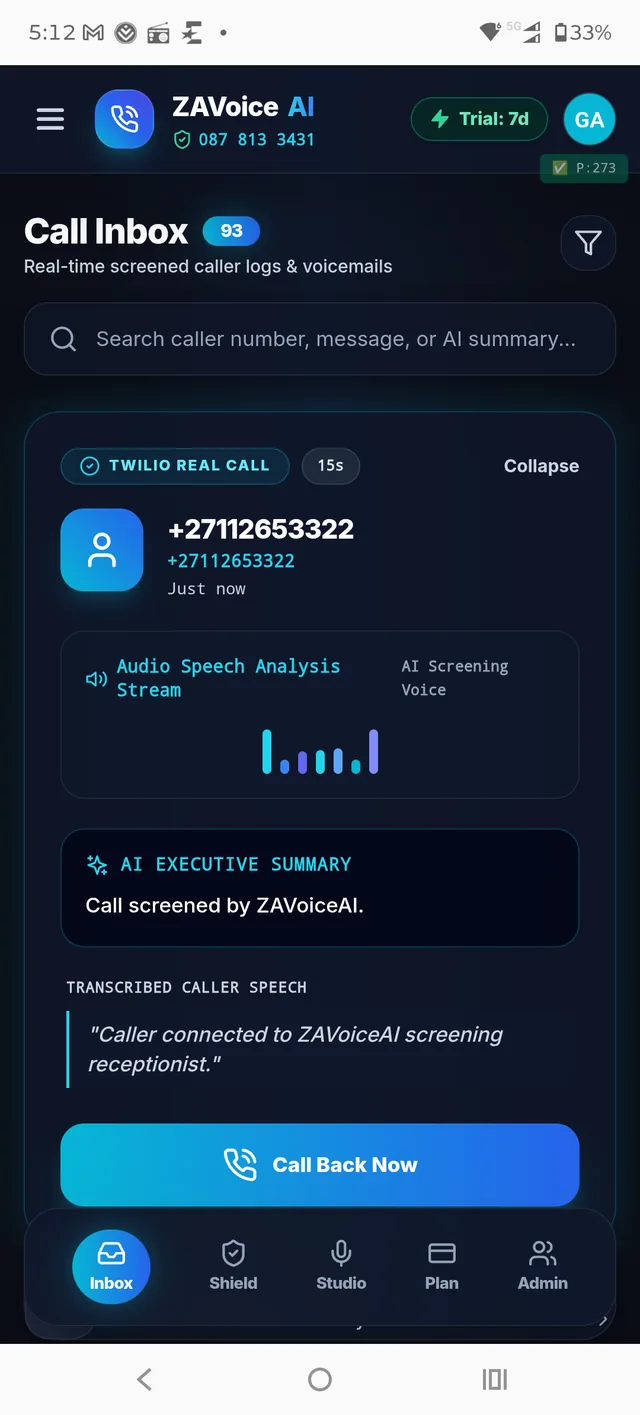 ZAVoiceAI Call Inbox screen, showing a screened call from +27 11 265 3322 with a live transcript and AI summary