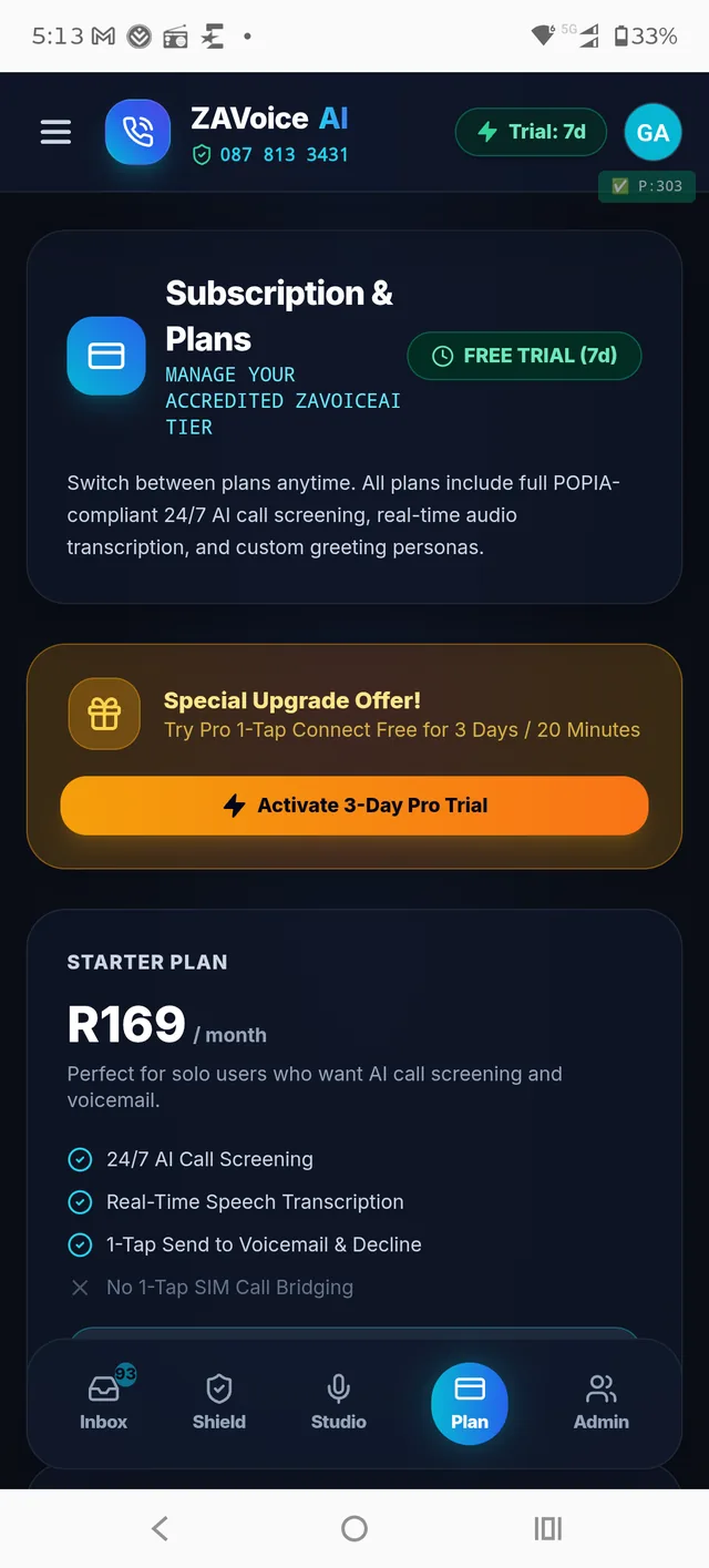 Plan screen showing the Starter subscription at R169 per month and a 3-day Pro trial offer
