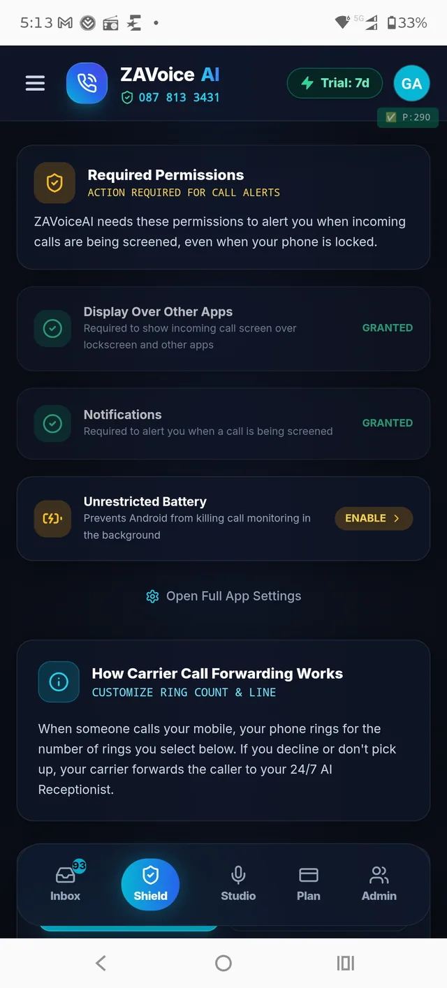 Shield screen showing required permissions and how carrier call forwarding works