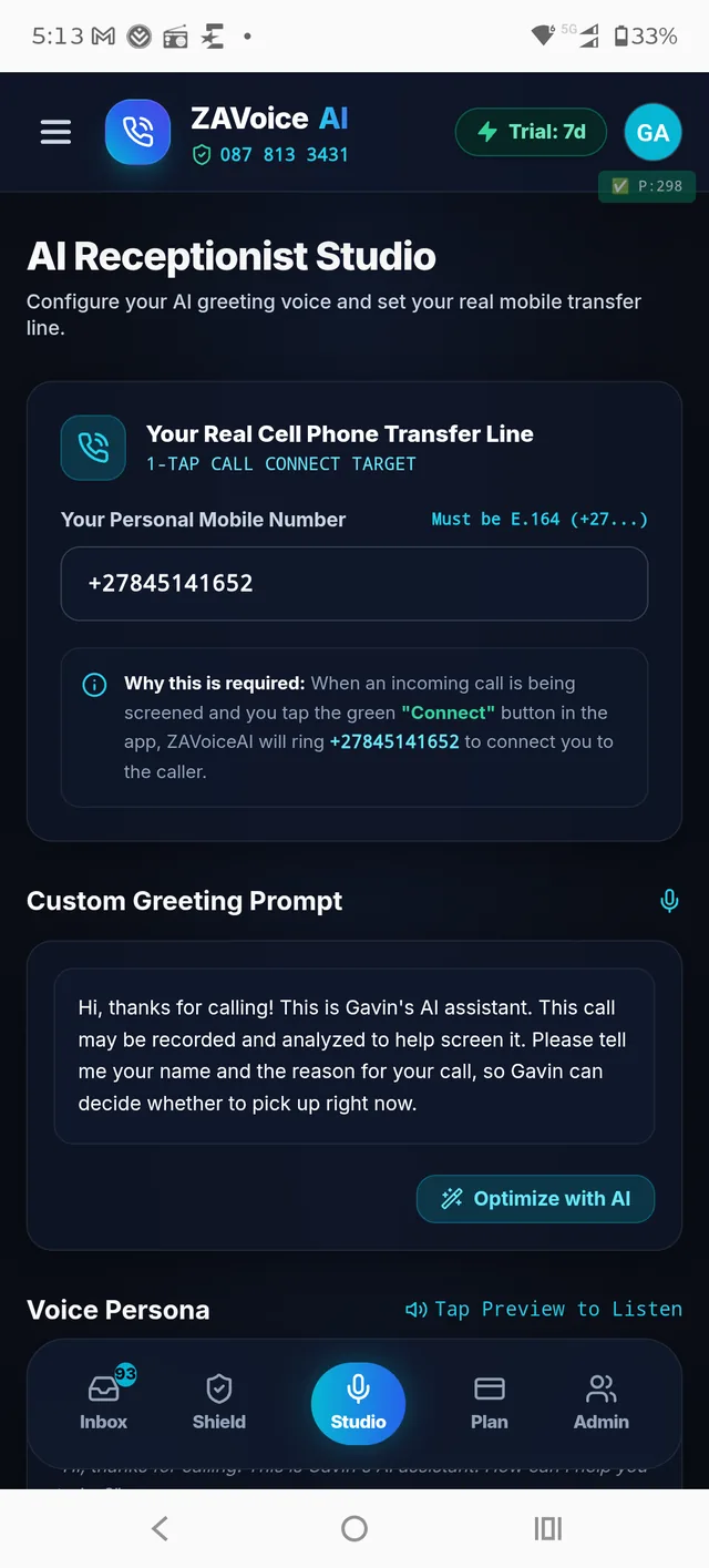 Studio screen for setting the transfer number, custom greeting prompt, and AI voice persona